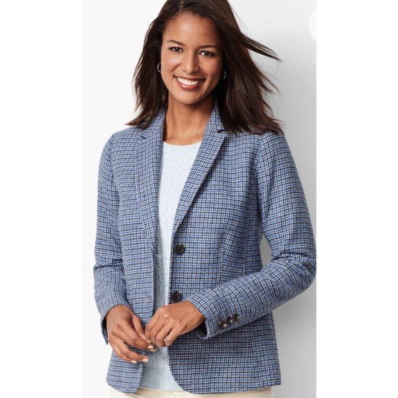 Talbots Jackets & Blazers - Talbots Aberdeen Wool Blend Blazer Houndstooth Plaid Blue Black Preppy Size 14